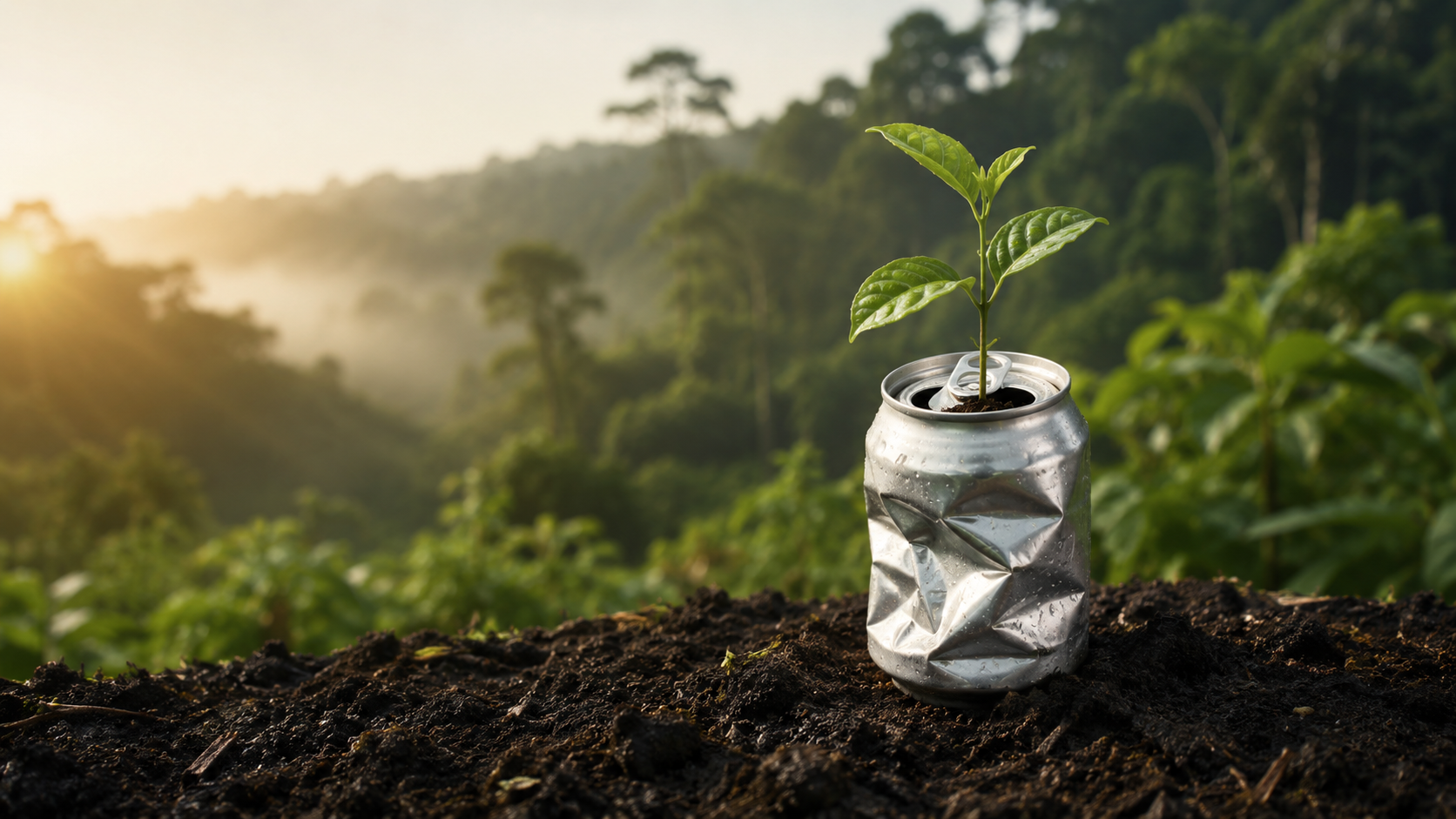 Latinha de alumínio dando origem a uma nova planta em meio à natureza